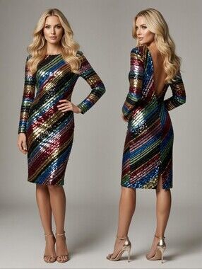 Alcollique Peyton Black Rainbow Sequin Dress, Made in Italy, 44 (US 8)